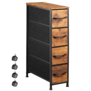 eknkozy narrow dresser storage tower with 4 drawers, slim dresser chest of drawers with steel frame, wood top, dresser for bedroom, bathroom, small spaces, laundry, closet (rustic brown)