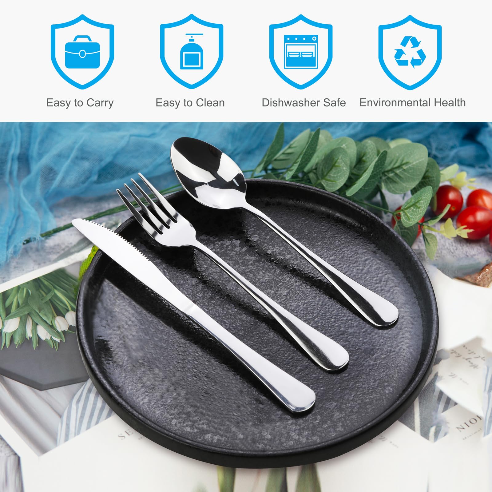 4PCS Premium Travel Utensils With Case, Stainless Steel Reusable Portable Utensils Set With Case, Lengnoyp Travel Silverware Set With Case for Lunch Box Includ Fork Spoon Knife Set, Silver