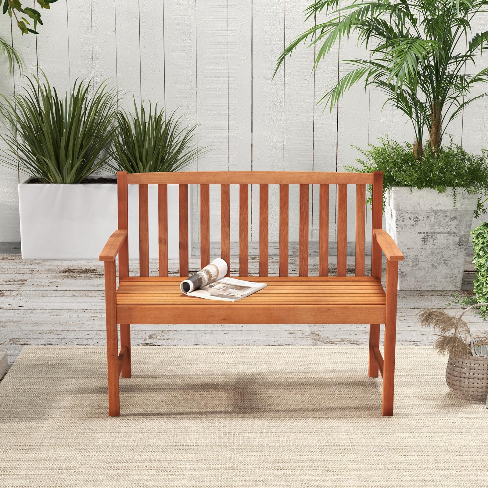 Giantex Outdoor Bench, Wood Patio Bench with Cozy Armrests & Backrest, Slatted Sitting Area, Eucalyptus Wood Frame, 2-Person Loveseat for Park, Porch, Yard, 800 lbs Max Load, Garden Bench (Eucalyptus)