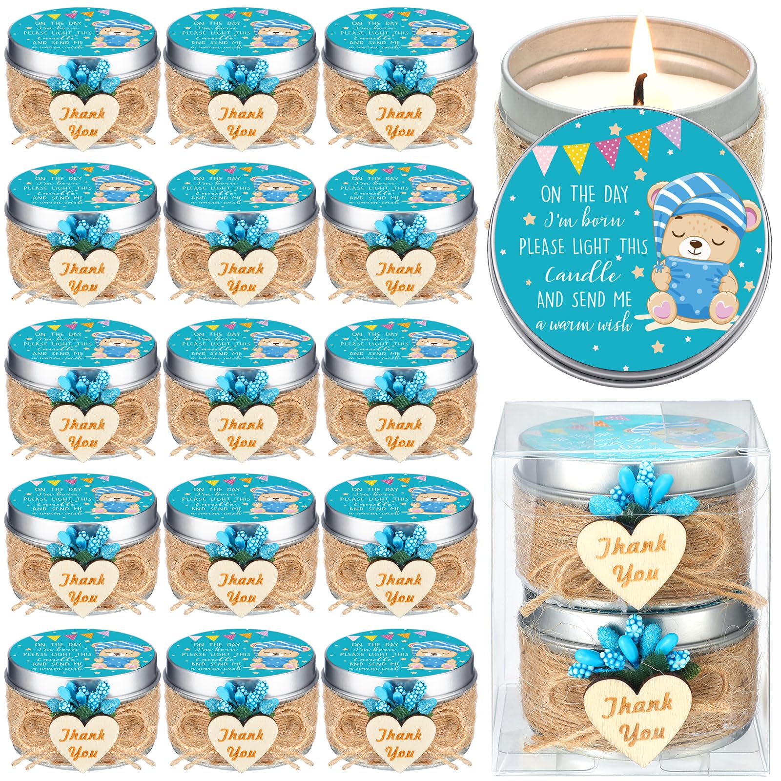 24 Pack Baby Shower Candle Favors Bulk for Guests Baptism Party Favor Candles Gender Reveal Gift Soy Tealight Candles with Love Wooden Sign and Flower Bouquet Decoration(Blue)