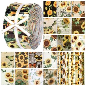 ganeen 200 pcs 2.56 inch sunflower fabric multicolor patchwork roll solid color precut quilting strips bundles roll up craft for diy quilting, and sewing(sunflower pattern)