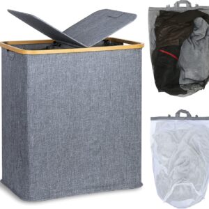 AM The America Store - Double Laundry Hamper with Lid, Divided Laundry Hamper with Removable Bags, 2 Section Dirty Clothes Basket with Handles for Bathroom, Bedroom & Laundry Room, 150L (GREY)