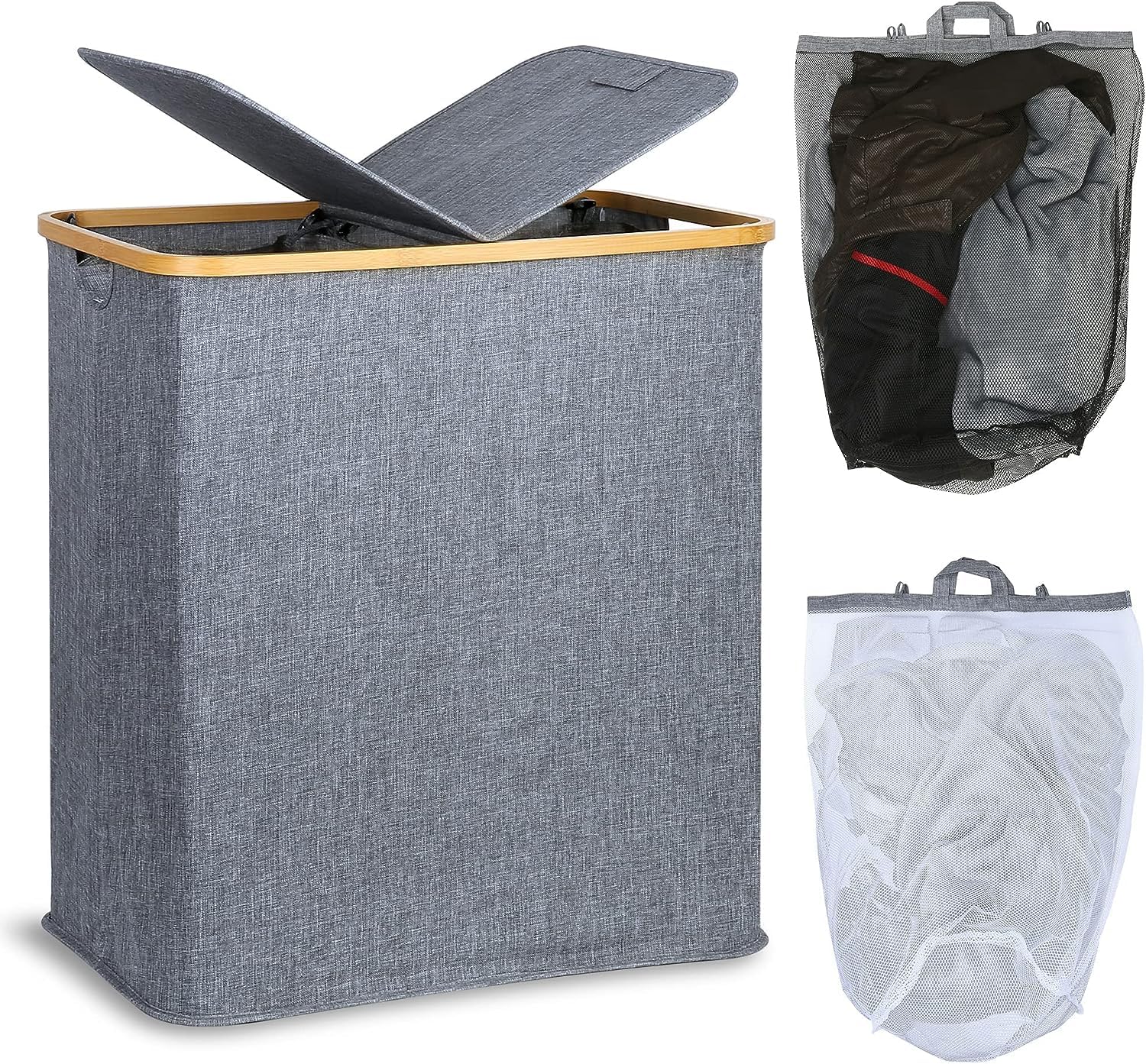 AM The America Store - Double Laundry Hamper with Lid, Divided Laundry Hamper with Removable Bags, 2 Section Dirty Clothes Basket with Handles for Bathroom, Bedroom & Laundry Room, 150L (GREY)