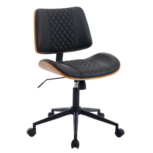 BV BONNE VIE Modern Chair, Armless Small Desk Chair with Wheels, Mid Back, Faux Leather, Black, Office & Reading, 300 lbs Weight Capacity