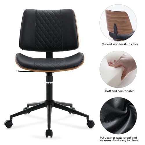 BV BONNE VIE Modern Chair, Armless Small Desk Chair with Wheels, Mid Back, Faux Leather, Black, Office & Reading, 300 lbs Weight Capacity