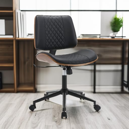 BV BONNE VIE Modern Chair, Armless Small Desk Chair with Wheels, Mid Back, Faux Leather, Black, Office & Reading, 300 lbs Weight Capacity