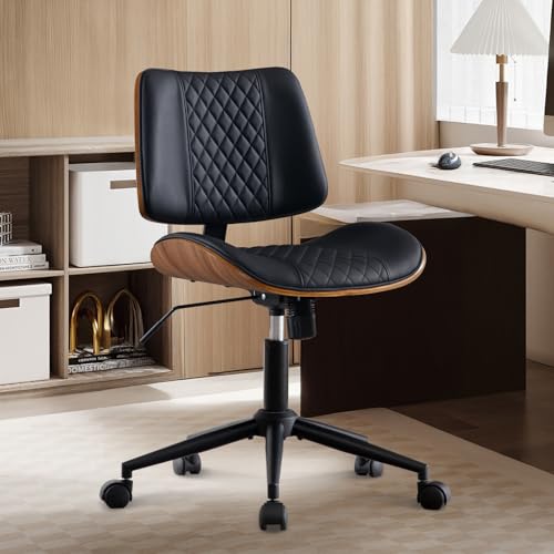 BV BONNE VIE Modern Chair, Armless Small Desk Chair with Wheels, Mid Back, Faux Leather, Black, Office & Reading, 300 lbs Weight Capacity