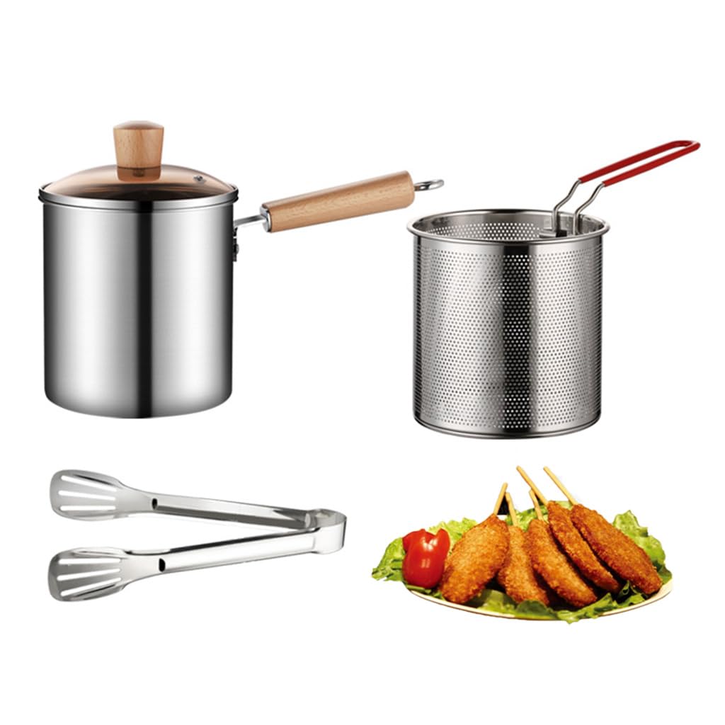 Deep Fryer Pot 304 Stainless Steel Frying Pan with Strainer Basket and Handle,Japanese Tempura Fryer Deep Fryers Frying Pot for Frying Fish Shrimp Chicken and Fries (Silver-1)