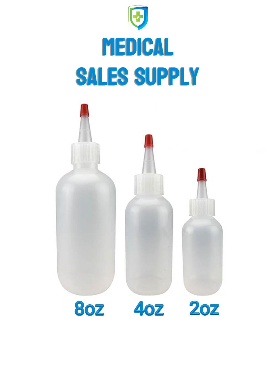 Medical Sales Supply Squeeze Bottles, LDPE Plastic, Natural Boston Round with Yorker Spout, Red Caps - 6 Pack (8oz)