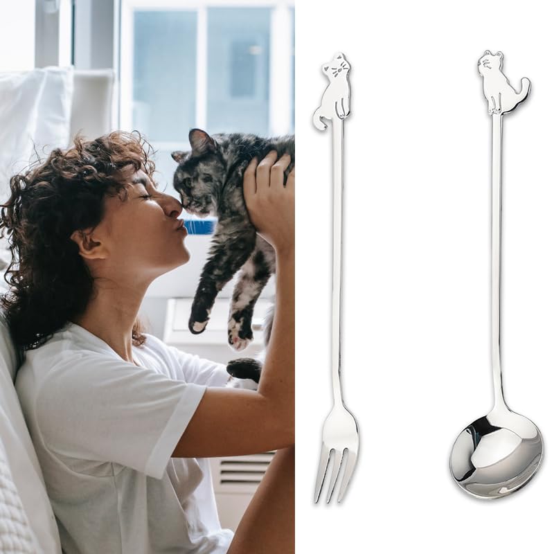 Cat Spoon Fork for Cat Lover Gifts for Women Men Coffee Spoons for Coffer Lover Birthday Christmas Gifts for Couples Friend Family Cute Cats Dessert Forks Teaspoon Set of 2