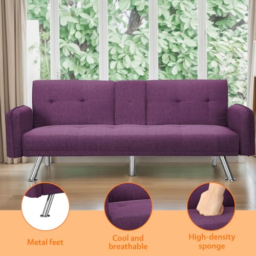 Fangflower Sleeper Sofa Bed with Adjustable Backrest & Cup Holders, Futon Set with Metal Legs, Loveseat Couches for Living Room Apartment Lounge Office