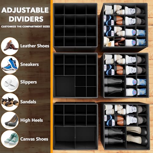 SpaceAid Shoe Organizer for Closet, 2 Pack Foldable Shoe Storage Containers Baskets Boxes Bins w/Adjustable Dividers, Fits 16-32 Pairs, Black