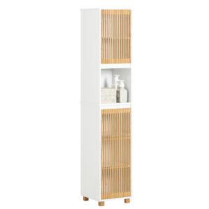 sobuy bathroom tall cabinet with hollow cabinet door, 2 doors, 6 compartments bathroom shelves, storage rack, freestanding storage cabinet shelf, natural and white, bzr127-w