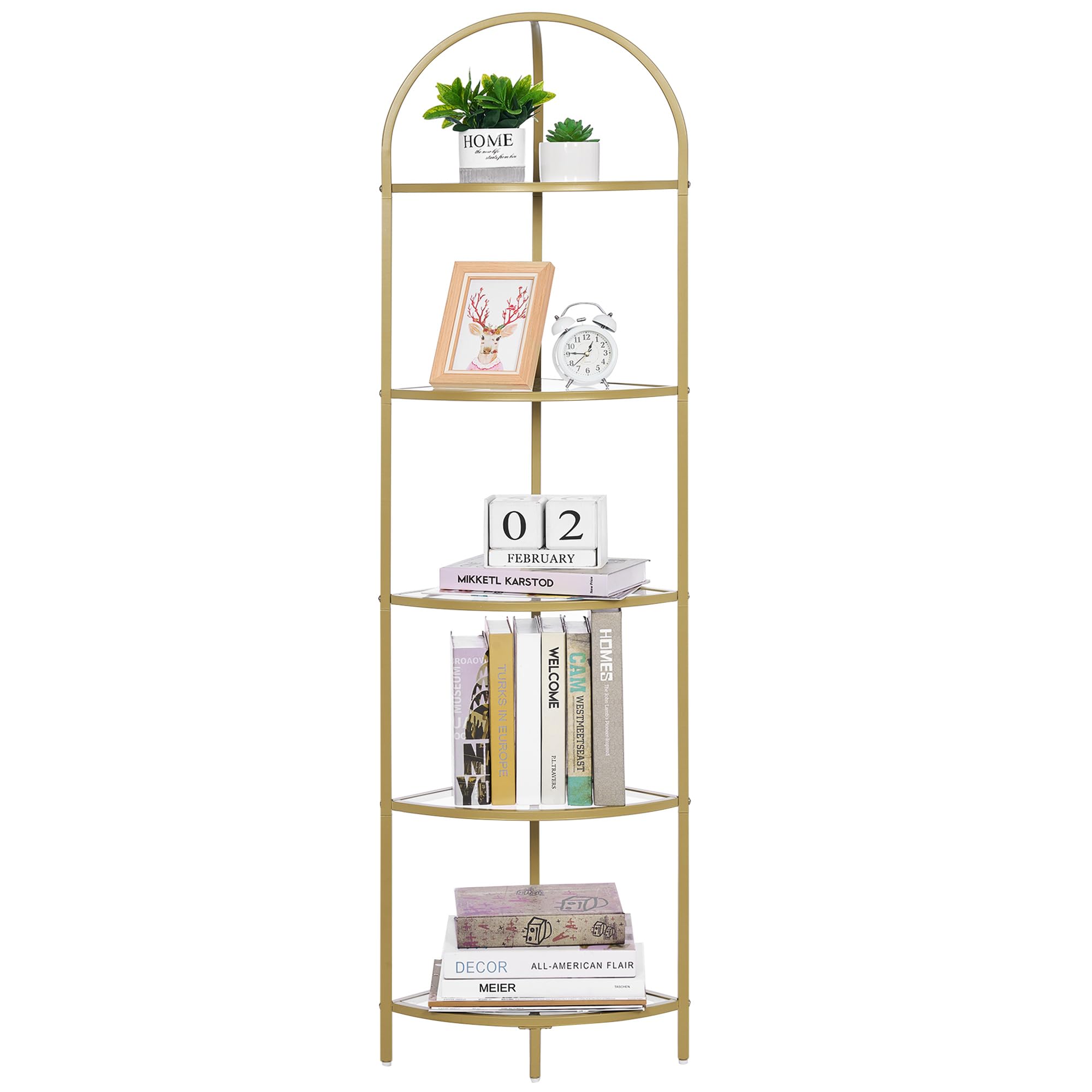 Homhedy 5-Tier Corner Shelf Stand, Metal Corner Bookshelf, Tempered Glass Shelves, Bathroom Storage Rack Shelf, Plant Stand, Modern Style,Golden