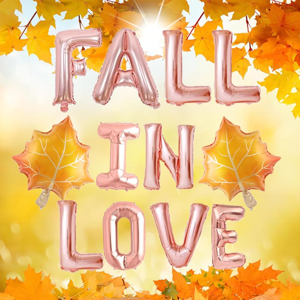 Fall In Love With Maple Leaves Balloons, Rose Gold Autumn Party Sign, Wedding/Engagement/Bridal Shower/Bachelorette Party Decoration Supplies