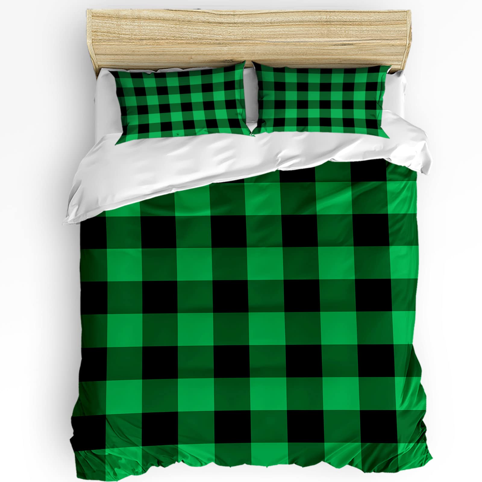 LooPoP Christmas Comforter Sets California King Size Buffalo Check Plaid Soft Bedding Duvet Cover Sets 3 Pieces Green Black Bedding Set with Comforter Cover and 2 Pillow Cases Bedroom Xmas Decor Gift