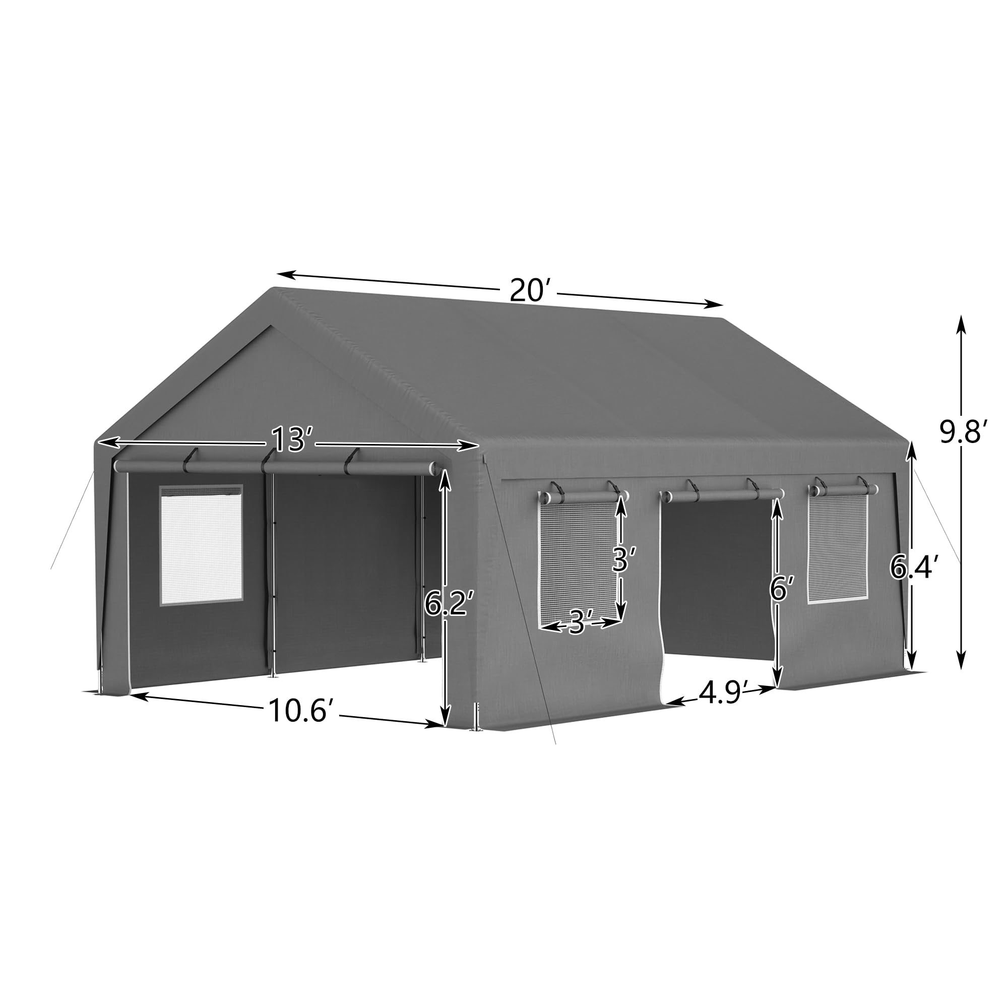 MACHOME Outdoor 13x20 FT Carport, Heavy Duty Canopy Storage Shed with Mesh Windows and Galvanized Steel Tube, All-Season Tarp, Wide Range of Appliaction for Car, Boat and Reunion, Gray