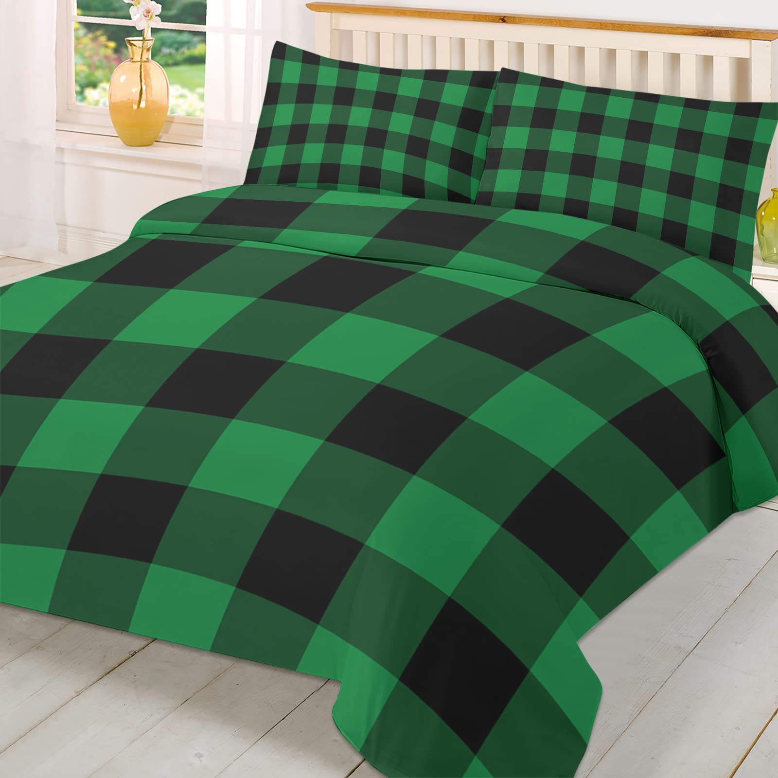 LooPoP Christmas Comforter Sets California King Size Buffalo Check Plaid Soft Bedding Duvet Cover Sets 3 Pieces Green Black Bedding Set with Comforter Cover and 2 Pillow Cases Bedroom Xmas Decor Gift