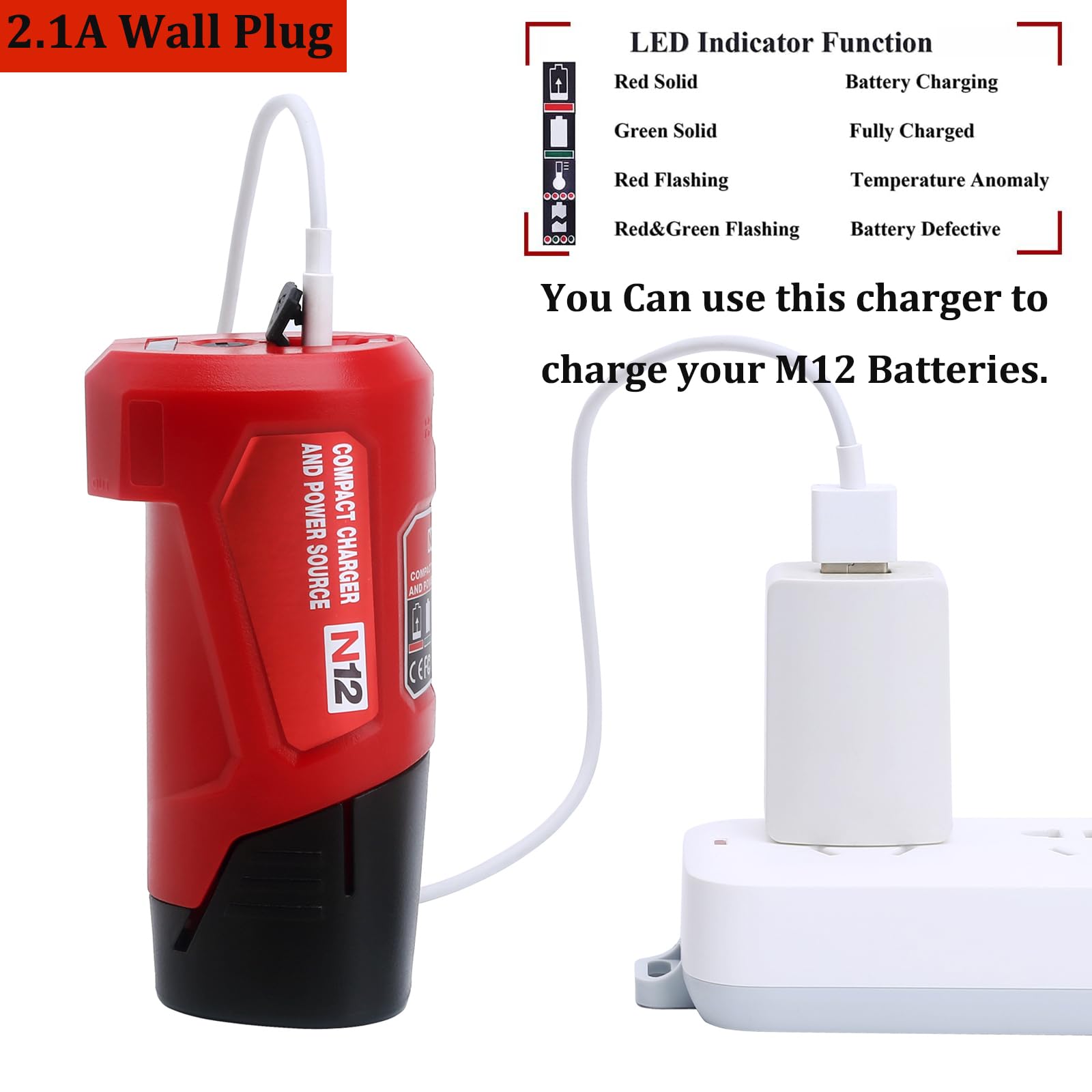 M-12 Battery Charger for Milwaukee M12 12V Heated Jacket, 48-59-1201 49-24-2310 USB Power Source Compatible with 48-11-2420 48-11-2411 48-11-2401 Lithium-ion Battery Charging Adapter