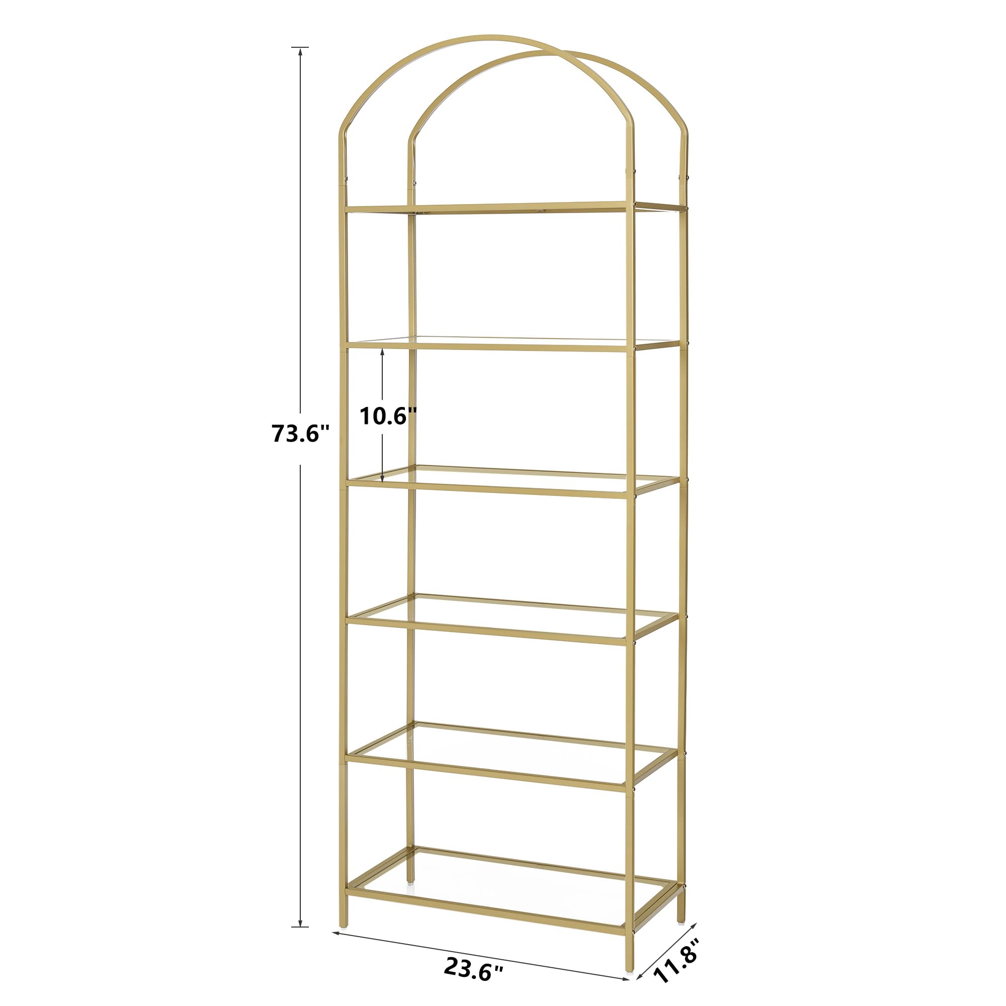 Homhedy 6-Tier Bookshelf Arched Display Racks, Metal Bookcase, Tempered Glass Shelves, Storage Rack Shelf for Home Office, Living Room, Bedroom, Bathroom, Modern Style, Golden