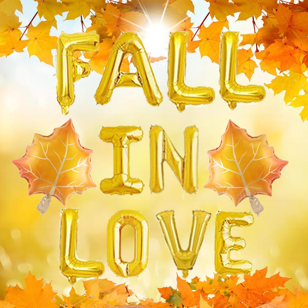 Fall In Love With Maple Leaves Balloons, Gold Autumn Party Sign, Wedding/Engagement/Bridal Shower/Bachelorette Party Decoration Supplies