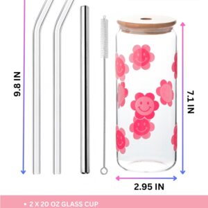 Olvini 20oz Glass Cups with Bamboo Lids and Glass Straws Set of 2 - Can Shaped Drinking Glasses, Cute Iced Coffee Cup, Glass Tumbler, Aesthetic Cups, Smiley Face