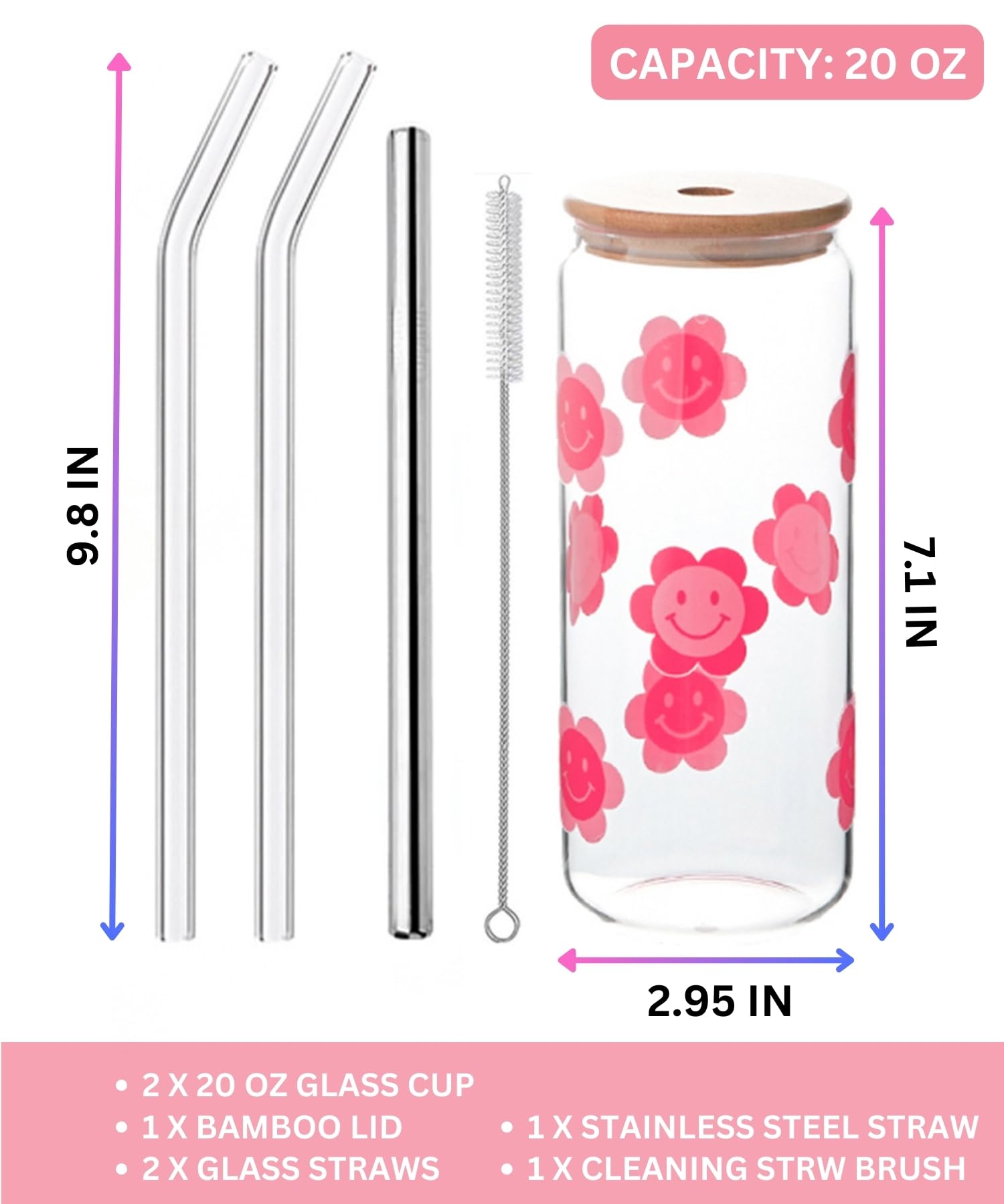 Olvini 20oz Glass Cups with Bamboo Lids and Glass Straws Set of 2 - Can Shaped Drinking Glasses, Cute Iced Coffee Cup, Glass Tumbler, Aesthetic Cups, Smiley Face