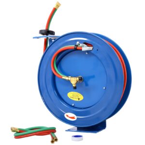 welding hose reel retractable 1/4 inch x 100 foot twin oxygen acetylene rubber hoses std duty max 200psi heavy duty industrial single arm construction