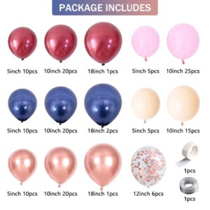 Navy Blue Rose Gold Pink Burgundy Balloons Garland with 142pcs 18/10/5/Inch Metallic Chrome Balloons for Thanksgving Birthday Party Wedding Graduation Bridal Shower Decorations (Navy Blue Burgundy)