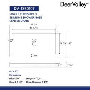 DeerValley DV-1SB0107 48"L X 30"W Shower Base in White with Single Threshold and Center Drain, Center Drain Location, Small Rectangle Acrylic Shower Pan, Non-slip Design