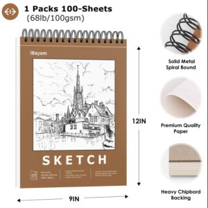 iBayam 9" x 12" Premium Sketch Book Set, 1-Pack Spiral Bound Drawing Paper, 100 Sheets (68lb/100gsm) Sketchbook, Acid-Free Art Drawing Painting Sketching Pad Supplies for Kids, Teens, Adults, Artists