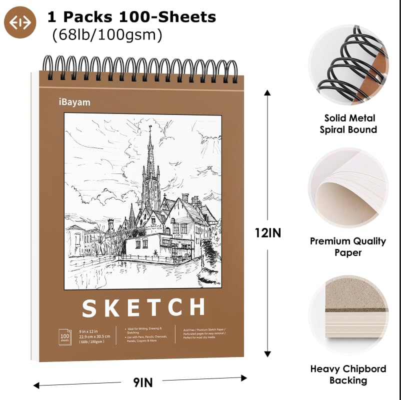 iBayam 9" x 12" Premium Sketch Book Set, 1-Pack Spiral Bound Drawing Paper, 100 Sheets (68lb/100gsm) Sketchbook, Acid-Free Art Drawing Painting Sketching Pad Supplies for Kids, Teens, Adults, Artists