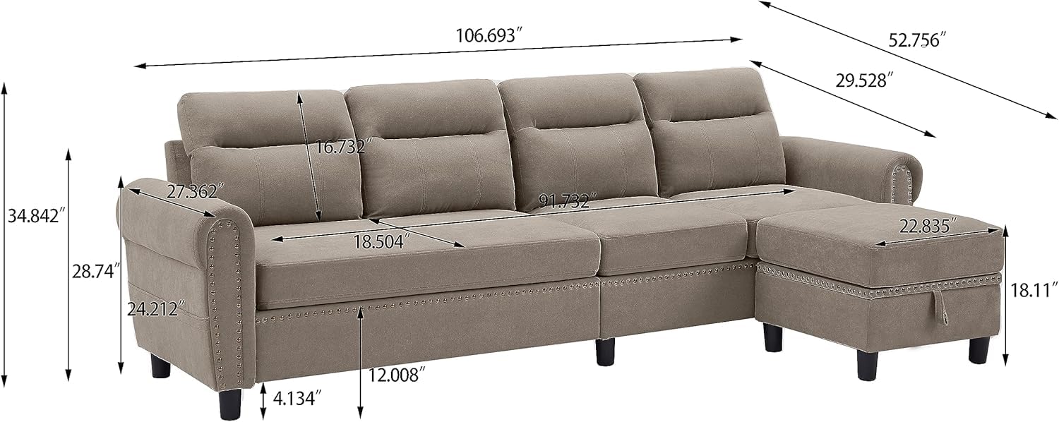 Tornama 106'' Convertible Sectional Sofa Couch, 4 Seater L Shaped with Reversible Chaise, Modern Microfiber Couches for Living Room, Beige