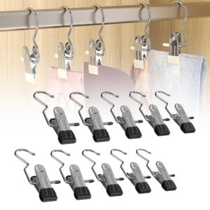 10/30/50 pcs space-saving clothespin hat pants storage hanging travel hook, 360° rotating stainless steel metal hanging hook clips, hanger clips towel clips boot hangers for closet (black, 10 pcs)