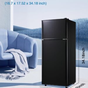 Fcicarn 3.5 Cu. Ft. Compact Refrigerator, Energy efficient mini fridge with freezer, double doors, 7-level thermostat for small spaces, Black