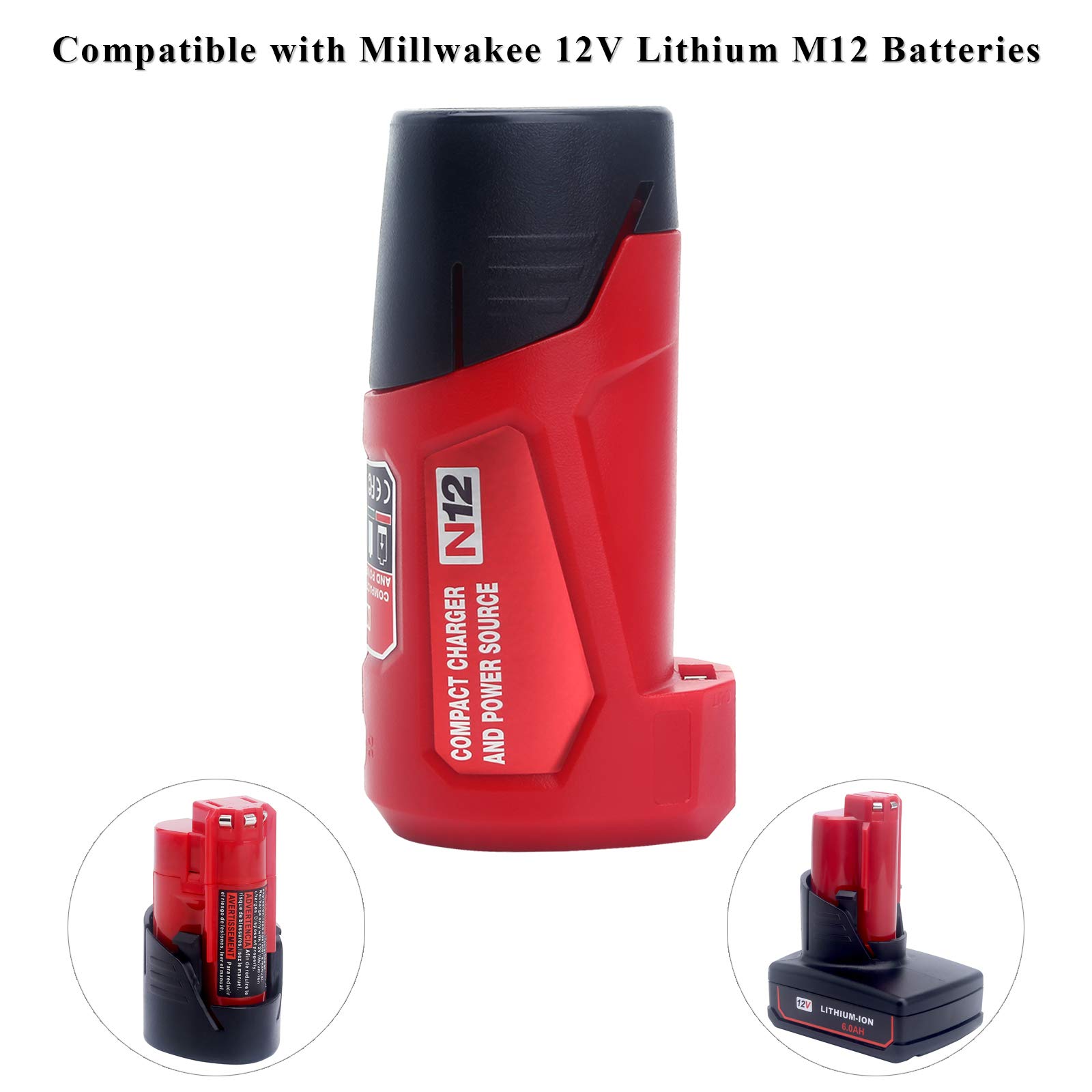 M-12 Battery Charger for Milwaukee M12 12V Heated Jacket, 48-59-1201 49-24-2310 USB Power Source Compatible with 48-11-2420 48-11-2411 48-11-2401 Lithium-ion Battery Charging Adapter