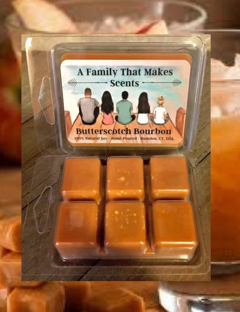 Butterscotch Bourbon Wax Melts - Strong Scent- Long Lasting - Eco-Friendly - Hand-Poured - Scented Wax Tarts - Pet Friendly - Soy Melts - 6 Cubes Per Pack - Over 100 Scensts To Choose.