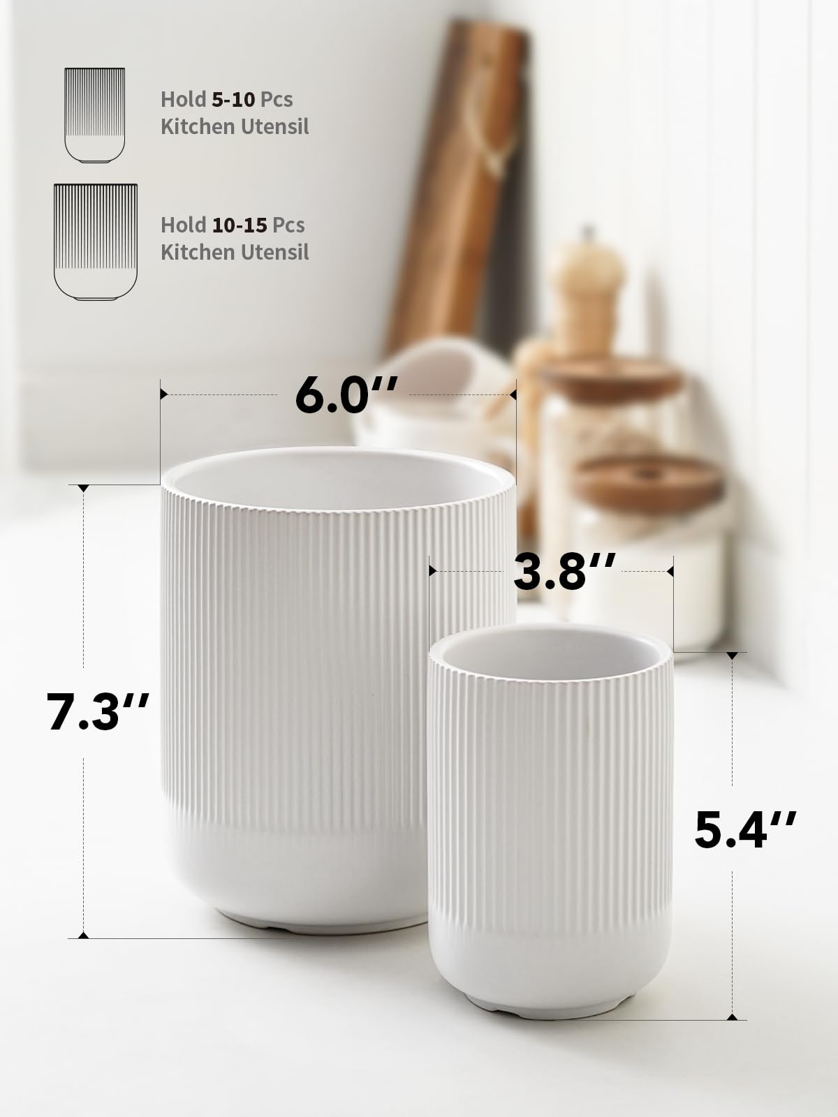 LE TAUCI Utensil Holder, 7.3"+5.4" Ceramic Kitchen Utensil Holder for Countertop, Large Cooking Utensil Crocks for Kitchen Counter, Morden Utensil Organizer for Spatula, Kitchen Decor, Set of 2, White