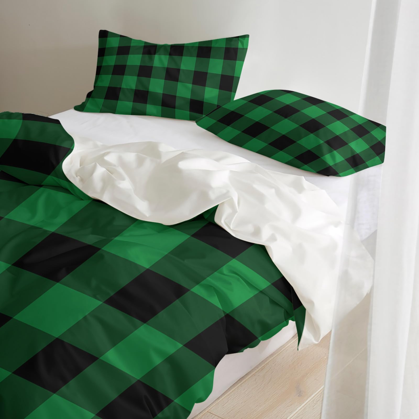 LooPoP Christmas Comforter Sets California King Size Buffalo Check Plaid Soft Bedding Duvet Cover Sets 3 Pieces Green Black Bedding Set with Comforter Cover and 2 Pillow Cases Bedroom Xmas Decor Gift