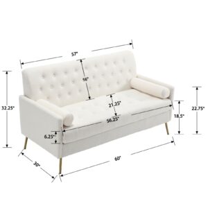 QUINJAY 60'' Small Loveseat Sofa, Modern Button Tufted Sherpa Mini Sofa Couch 2-Seater Fluffy Love Seat with Throw Pillows and Arms Comfy Boucle Loveseat for Living Room, Bedroom, Small Space, White