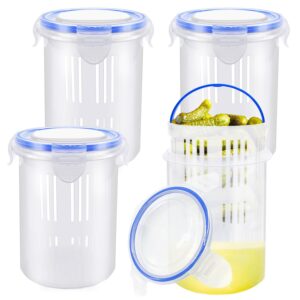 4 pcs pickle container with strainer,24 oz pickle jar with leak proof and lock it lid,pickle holder keeper lifter for olive jalapeno juice food storage