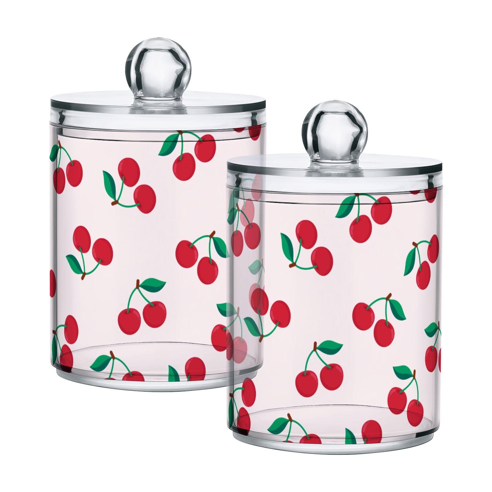 Takiito Cherry Print 2 Pack Qtip Holder Dispenser for Cotton Swabs, Cotton Ball, Pads, Floss, 10 oz Plastic Apothecary Jar Set with Lid, Bathroom Makeup Organizer