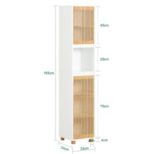 SoBuy Bathroom Tall Cabinet with Hollow Cabinet Door, 2 Doors, 6 Compartments Bathroom Shelves, Storage Rack, Freestanding Storage Cabinet Shelf, Natural and White, BZR127-W