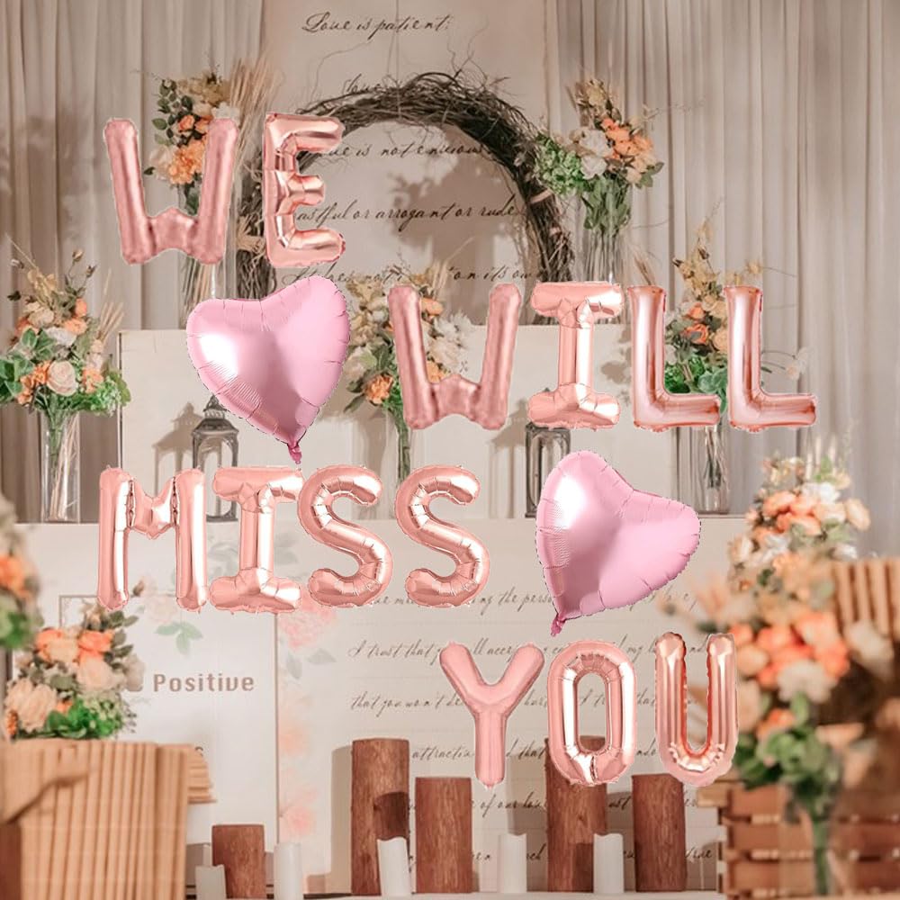 We Will Miss You Balloons, Rose Gold Mylar Farewell Party Sign, Going Away/Job Change/Travel/Retirement/Graduation Party Supplies