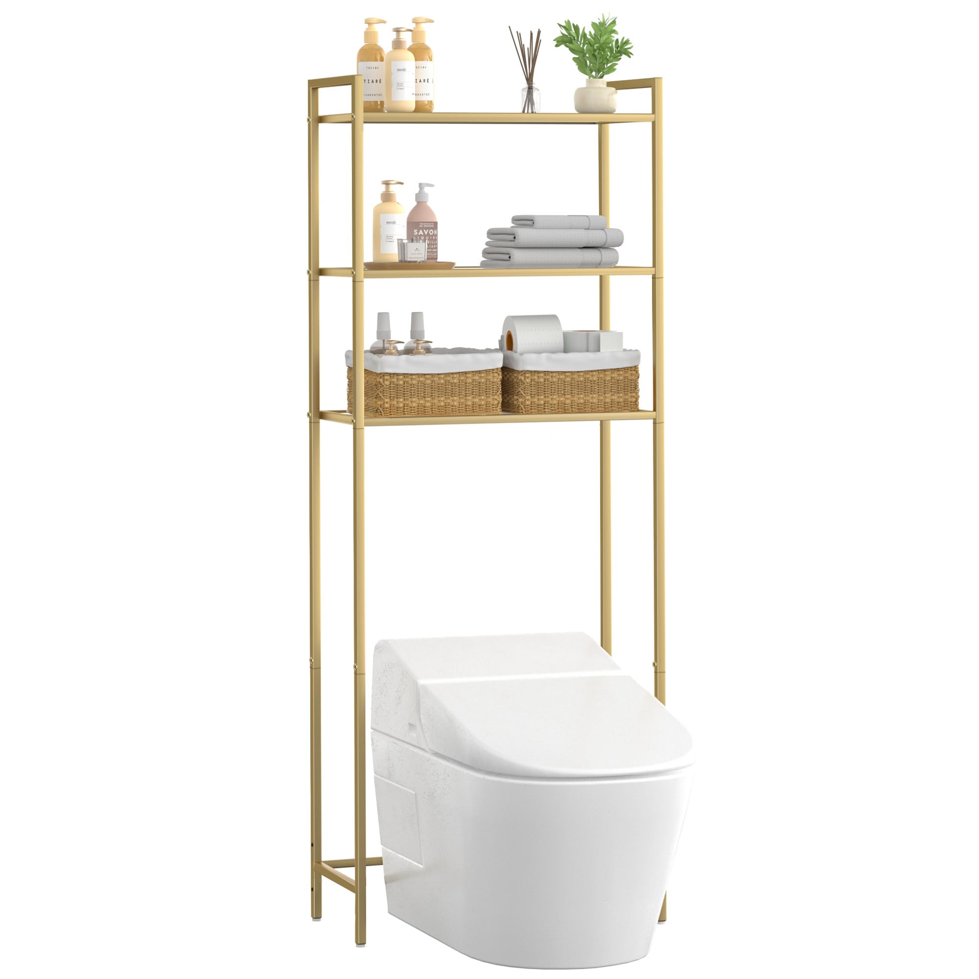 Homhedy Over The Toilet Storage, Metal 3-Tier Over-The-Toilet Bathroom Organizer Rack, Tempered Glass Shelves, Space-Saving, for Bathroom, Restroom, Laundry, Modern Style, Golden