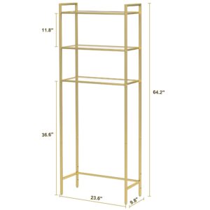 Homhedy Over The Toilet Storage, Metal 3-Tier Over-The-Toilet Bathroom Organizer Rack, Tempered Glass Shelves, Space-Saving, for Bathroom, Restroom, Laundry, Modern Style, Golden