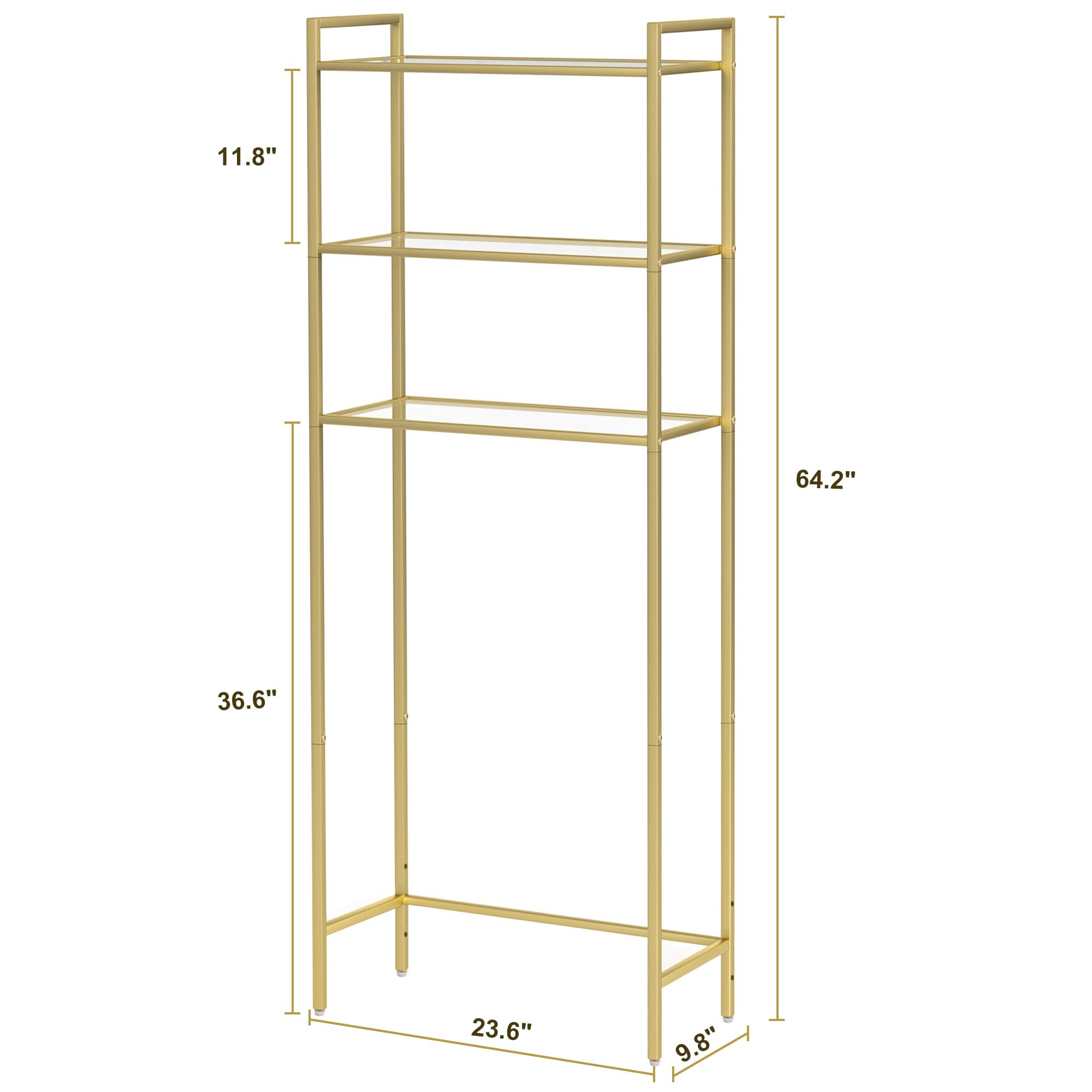 Homhedy Over The Toilet Storage, Metal 3-Tier Over-The-Toilet Bathroom Organizer Rack, Tempered Glass Shelves, Space-Saving, for Bathroom, Restroom, Laundry, Modern Style, Golden