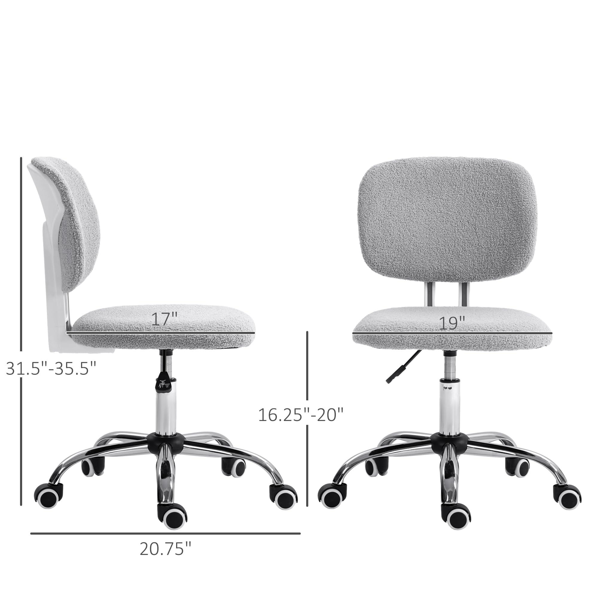 Vinsetto Cute Armless Office Chair, Teddy Fleece Fabric Computer Desk Chair, Vanity Task Chair with Adjustable Height, Swivel Wheels, Mid Back, Light Gray