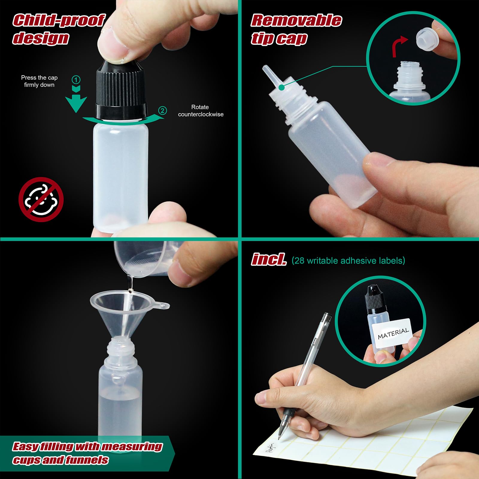 Kemborsi 10Ml Empty Squeezable Dropper Bottles,30Pcs Plastic Thin Tip Dropper Bottles,Portable Eye Liquid Dropper bottles Plastic Refillable Containers with Screw Cap and Plug,Resistant Open Design