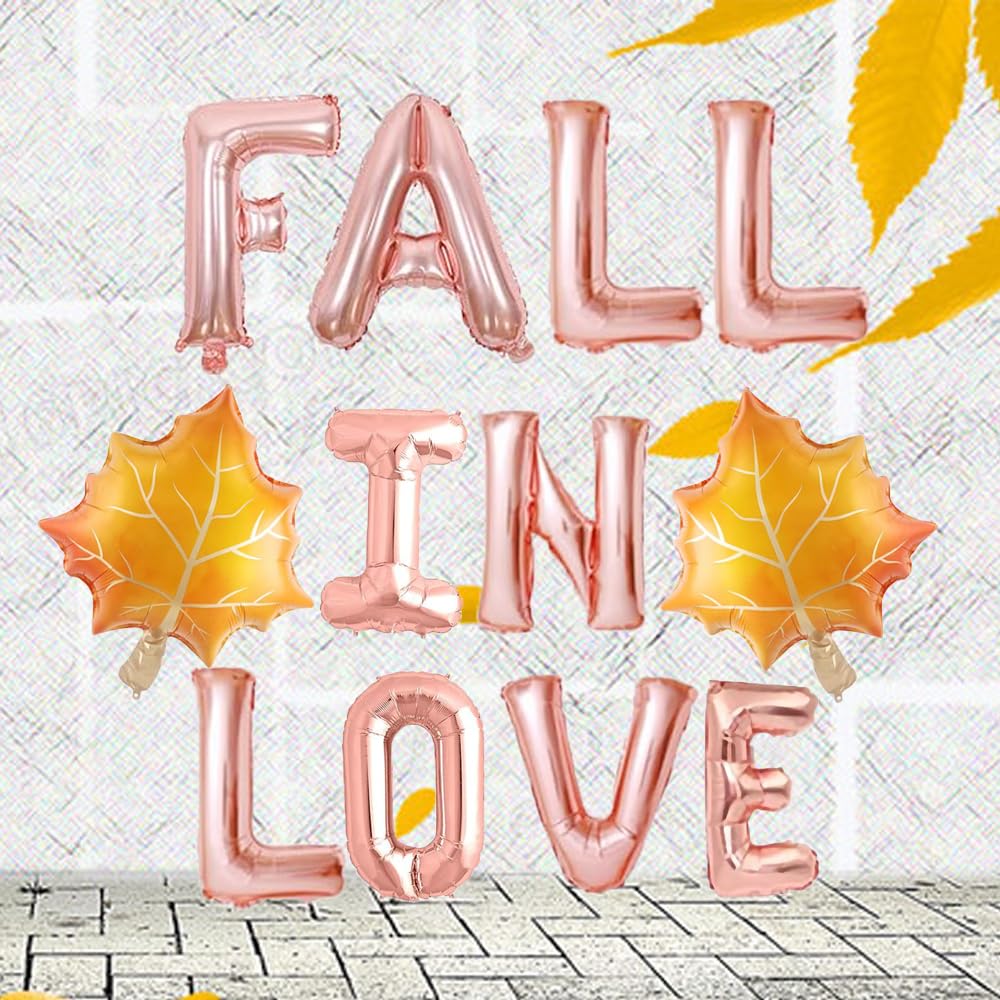 Fall In Love With Maple Leaves Balloons, Rose Gold Autumn Party Sign, Wedding/Engagement/Bridal Shower/Bachelorette Party Decoration Supplies